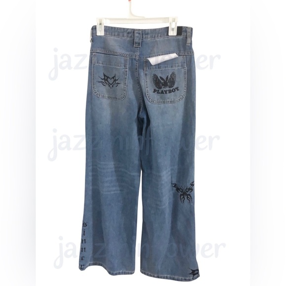 Playboy blue sinner lover‎ butterfly rose playboy bunny embroidered jeans size 7 - Picture 12 of 17